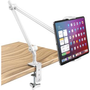 AboveTEK Tablet Stand Holder for Desk & Bed, Aluminum iPad Holder Arm with 360 Rotating Clamp, Adjustable Phone Stand Compatible with 4.7"-13.5" iPad Pro/Air/Mini, iPhone, Galaxy Tab- White