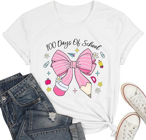 100 Days of School Shirt for Women-Happy 100th Days T-Shirt-Bow Pencil Teacher Top Tee Back to School Teaching Life Tee White, XL 