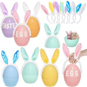 Fovths 6 Pack Giant Easter Egg 8 Inch Plastic Fillable Jumbo Eggs with Bunny Ear Handles Large Easter Egg Containers Colorful Egg Shaped Buckets for Easter Eggs Hunt DIY Surprise Party Decoration