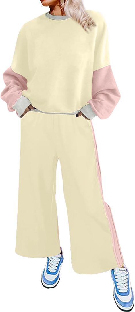 SHEWIN Women's 2 Piece Lounge Sets For Women Casual Long Sleeve Tops and Wide Leg Pants Matching Set (Small, Apricot)
