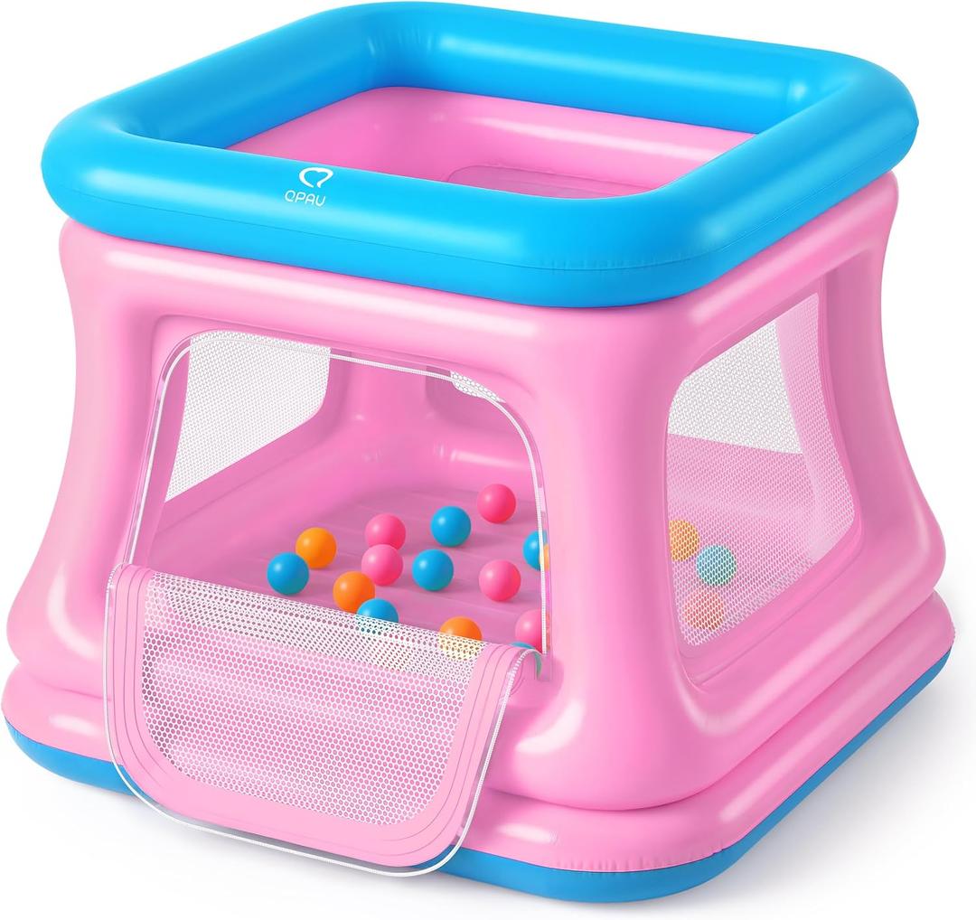 QPAU 3-in-1 Inflatable Bounce House for Toddlers 1-3, Ball Pit & Trampoline, Inflatable Bouncy House with Safety Net, Indoor & Outdoor Bubble Bouncer Baby Play YardBlue & Pink, 43.3" X 43.3" X 34.6"