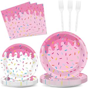 96Pcs Pink Donut Confetti Party Plates and Napkins Themed Decorations Summer Pink Donut Dessert Plates Donuts Tableware Set for 24 Guests Grow Up Themed Baby Shower Party Favors Supplies
