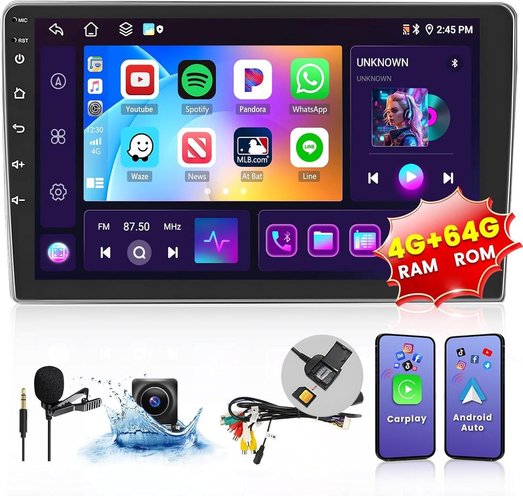 4G/WiFi - 8 Core 4+64G - 10.1 Inch Android 15 Double Din Car Radio Stereo with Wireless Carplay Android Auto, HD Touchscreen with GPS Bluetooth5.0 DSP FM/AM/RDS SWC USB Backup Camera MIC 4G/WiFi - 8 Core 4+64G - 10.1 Inch Android 15 Double Din Car Radio Stereo with Wireless Carplay Android Auto, HD Touchscreen with GPS Bluetooth5.0 DSP FM/AM/RDS SWC USB Backup Camera MIC