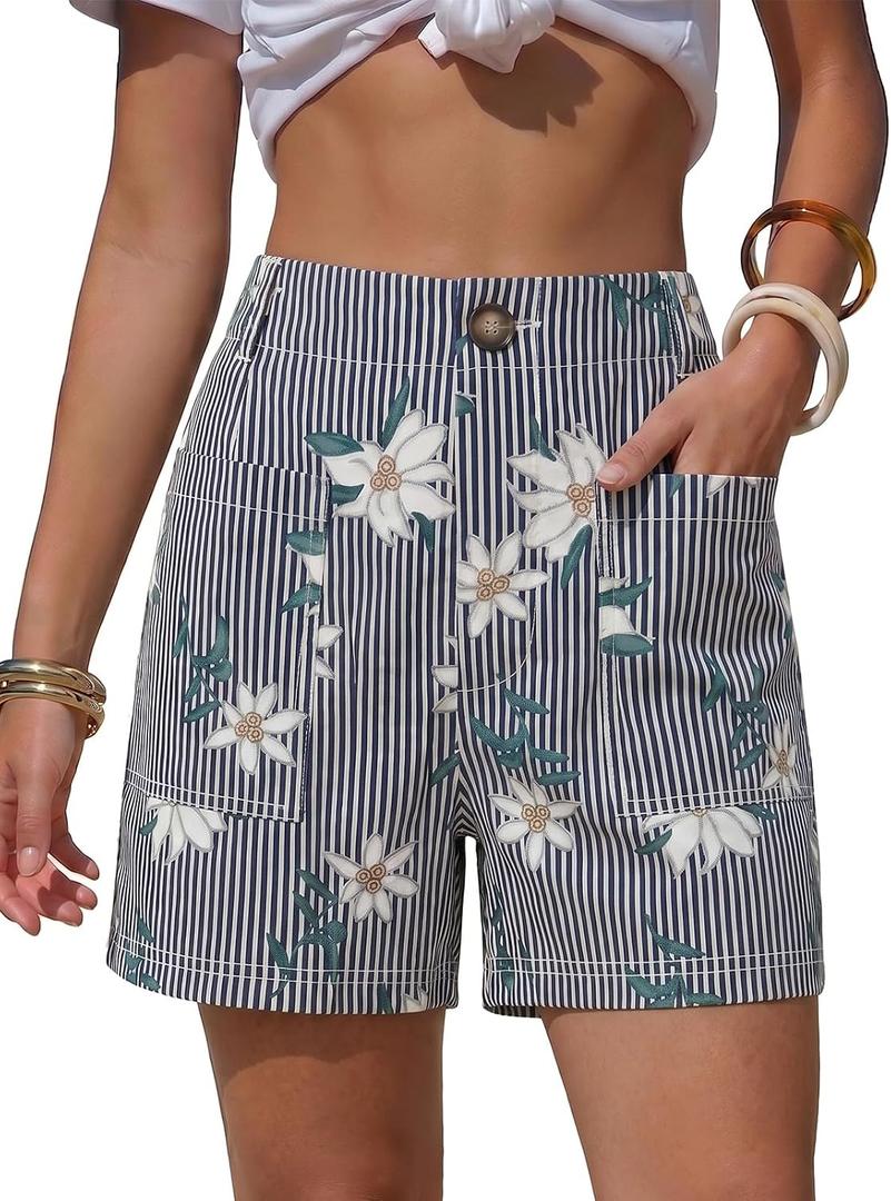 EXLURA Women's Summer Cute Striped Shorts Comfy Cotton Elastic Waist Floral Shorts Casual Boho Beach Short Pants with Pockets (White, L)
