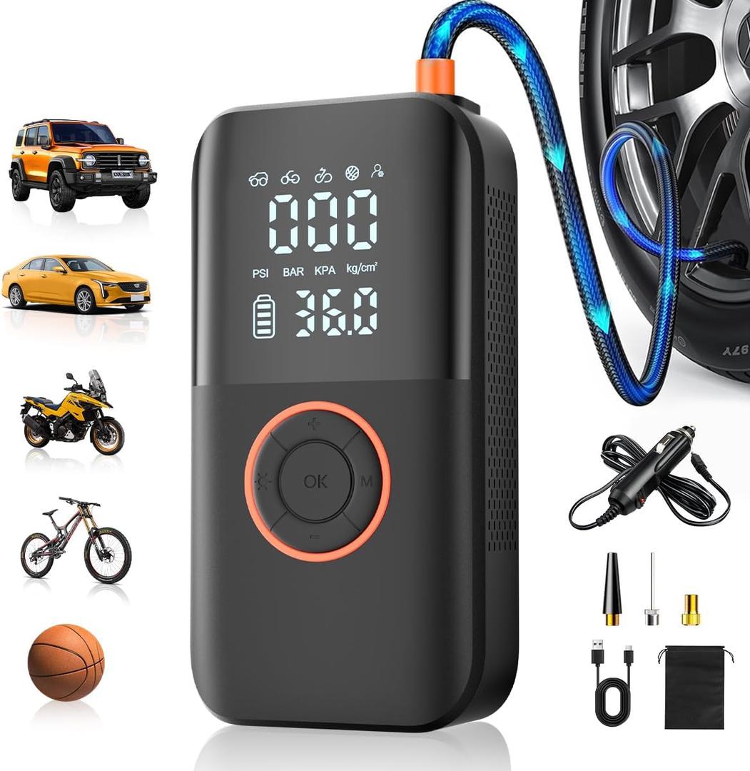 Air Pump for Car Tires, 150PSI Cordless Tire Pump, 12V DC & Battery Dual Power, Auto Shut-Off Air Compressor for Car, Motorcycle, Bike, Ball - LED Light & Digital Display, Car Gifts for Women Men (Black)