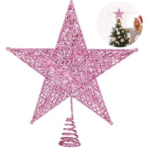 Fovths Christmas Tree Topper 8 Inches Metal Glittered Christmas Tree Topper Wire Star Treetop Sparkle Xmas Decoration for Christmas Tree Ornament Indoor New Year Holiday Party Supplies (Pink)