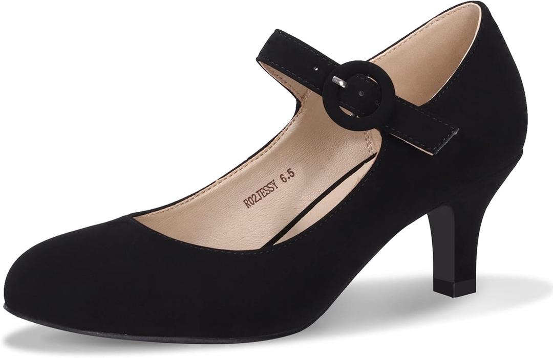 IDIFU Women's Jessy Dress Mary Jane Shoes Low Kitten Heels Closed Round Toe Office Work Wedding Pumps (7.5, Black Nubuck)