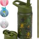 14 OZ Kids Water Bottle with Straw & 2 Lids (Flip & Spout) Leak Proof Metal Insulated Stainless Steel Reusable Tumbler for School & Sports Water Bottle - Green (Army)