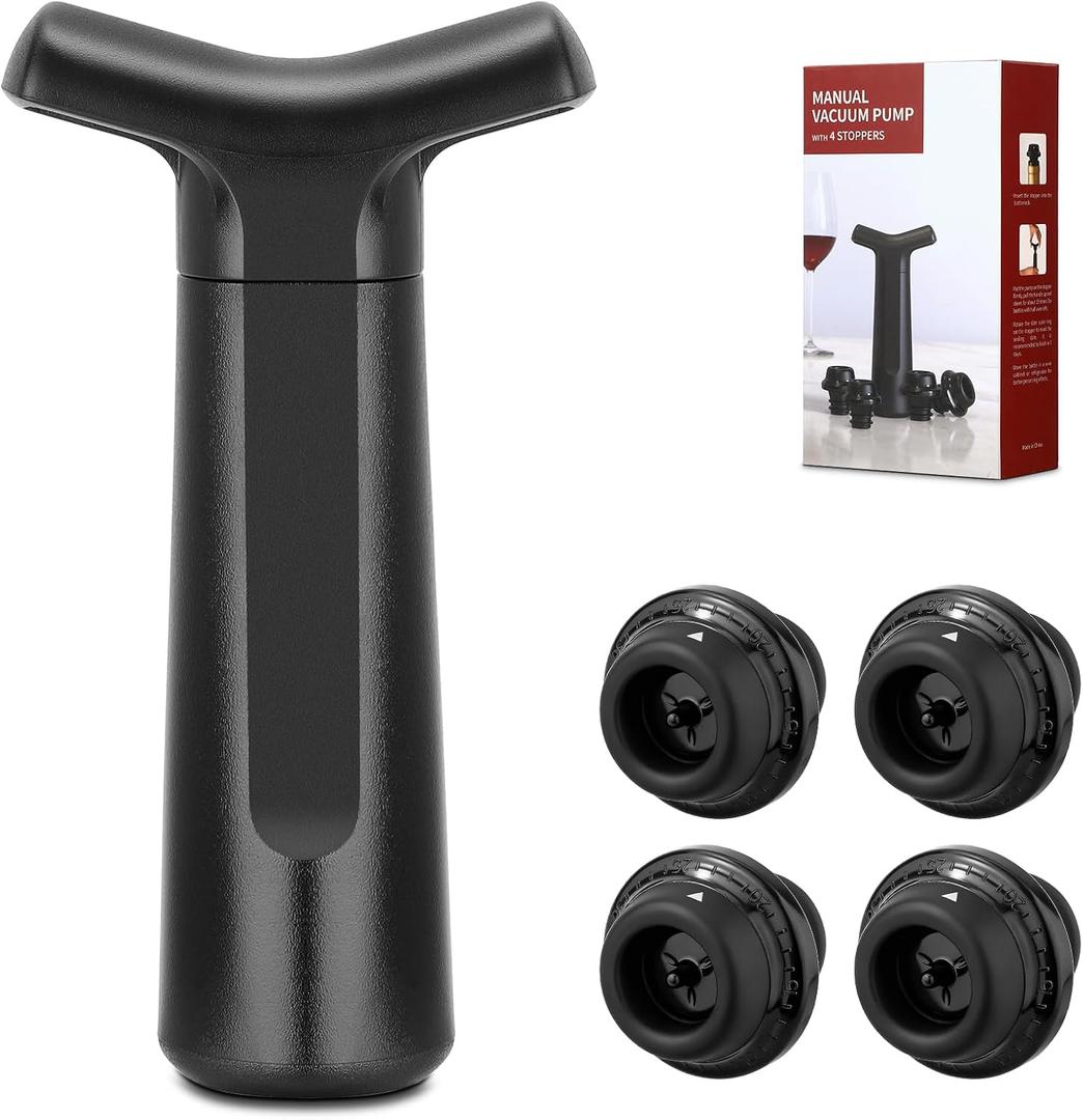 Wine Stopper, Wine Saver Vacuum Pump with 4 Reusable Stoppers, Wine Bottle Preserver & Sealer Keeps Fresh Longer, Ergonomic Handle, ideal Gift
