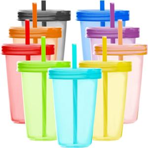Youngever 9 Sets 16 Ounce Plastic Cups with Lids and Straws, Reusable Plastic Cups with Straws (Rainbow Colors) (Assorted)