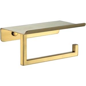 JQK Toilet Paper Holder Shelf, Bathroom Tissue Roll Holder with Phone Shelf, 5 Inch 304 Stainless Steel Tissue Paper Dispenser, Brushed Gold Finished Wall Mount, TPH202-BG