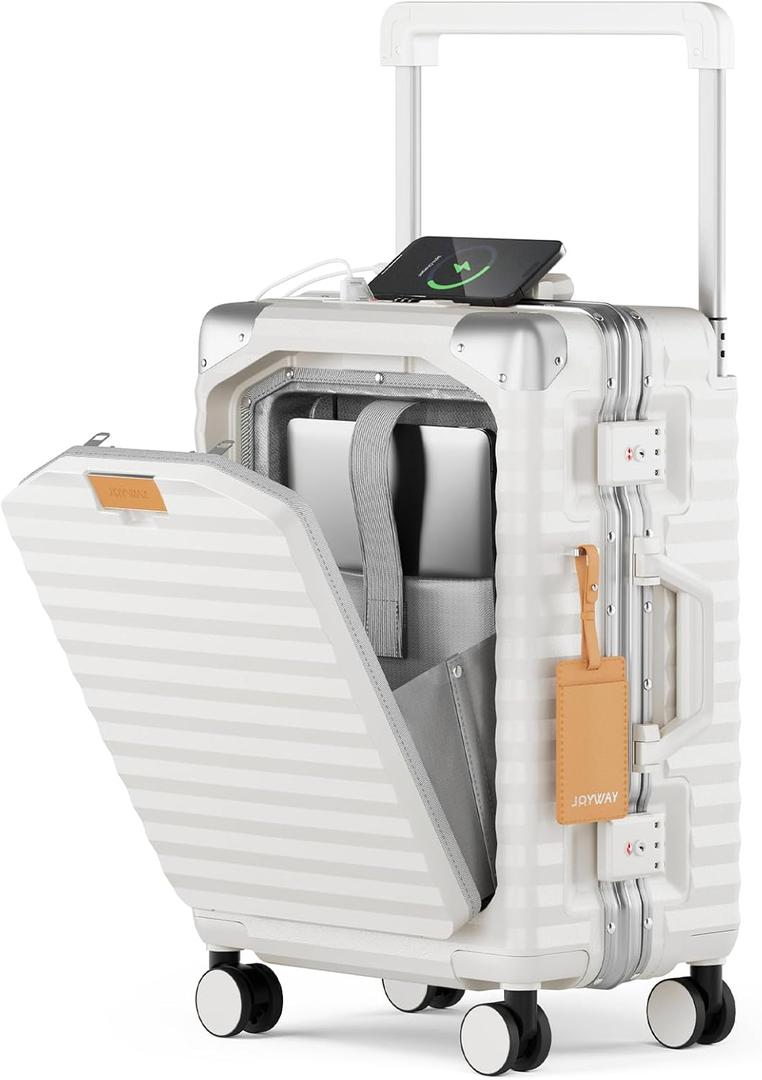 Joyway 20 Inch Carry on Luggage with Aluminium Frame and Front Pocket, PC Hardshell Suitcase with USB Port and Cup Holder, 21.5x14.2x9 Airline Approved, Luggage with Spinner Wheels and TSA Lock(White) Joyway 20 Inch Carry on Luggage with Aluminium Frame and Front Pocket, PC Hardshell Suitcase with USB Port and Cup Holder, 21.5x14.2x9 Airline Approved, Luggage with Spinner Wheels and TSA Lock(White)