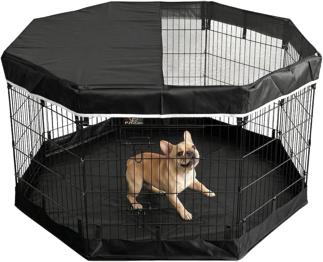 PJYuCien Dog Playpen with Top Cover and Bottom Pad - Metal Foldable Exercise Pen, 8 Panels 30" H x 24" W Indoor Outdoor Pet Fence Puppy Crate Kennel, Black