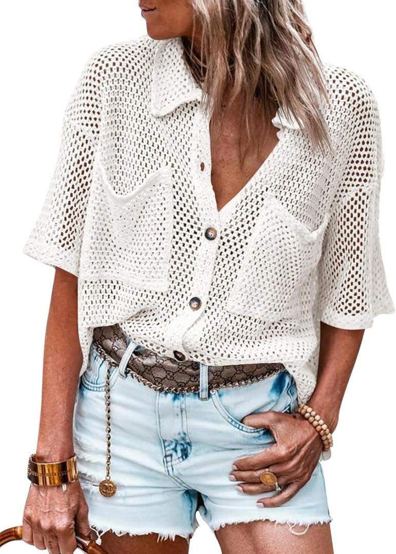 Fisoew Womens Crochet Lightweight Cardigan Sweaters Short Sleeve Summer Button Down Collared Loose Cover Up Shirts (Small, White)