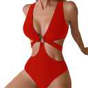 Women's Deep V Neck One Piece Swimsuit O-Ring Swimwear Sexy Cut Out Bathing Suit, Size L