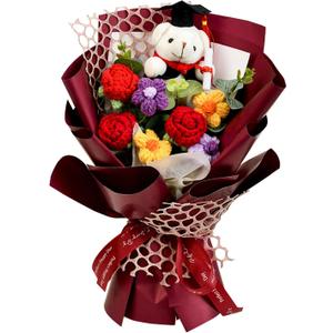 Graduation Gifts Crochet Flowers Bouquet, Handmade Sunflower Rose Bear Graduations Flower Bouquet for Birthday, Teacher Appreciation Gifts, Christmas, Home Dcor (Include Card) Red