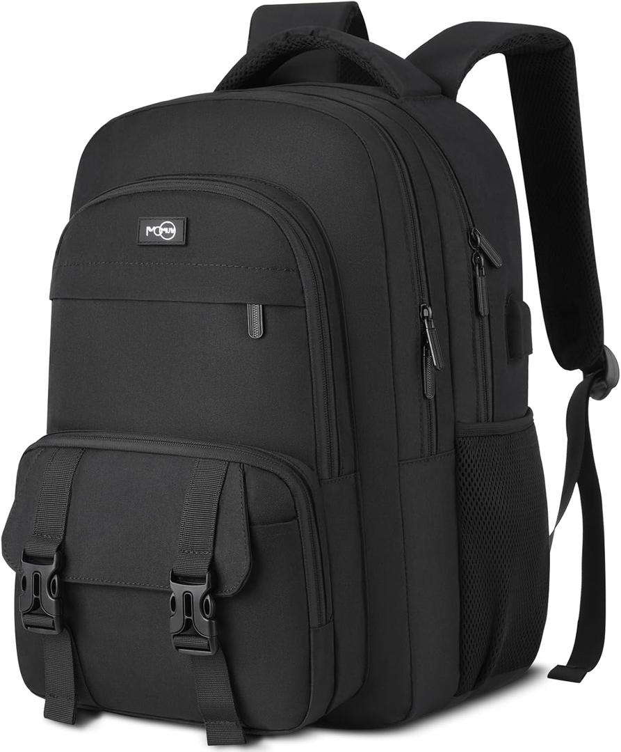 MOMUVO School Backpack for Teens Boys and Girls,15.6 Inch Laptop Backpack Unisex Bookbag with USB Charging Port Water-Resistant Schoolbag Casual Daypack-Black