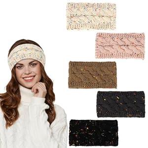 2 x CAVETEE Winter Headbands for Women2 Pack Thickened Coral Fleece Lined Crochet Knit Non-Slip Windproof Knit Headbands for Women (Black&Dark Blue)