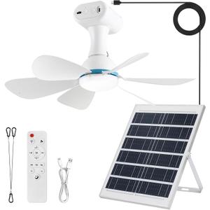 Solar Ceiling Fan Light with Remote, 30000mAh Portable solar lights outdoor with 20W Solar Powered Fan, 3 Speeds, solar fans with Light for Patios, Canopy, Shed, RV, Porch and Chicken Coop