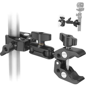 Double Super Clamp Camera Mount, Umbrella Holder Bracket with 360 Ball head Magic Arm for Pole, Tripod Clamp Mount for Cross Bar, Light Stand, Strollers, Photo Boom Stand, Reflector, Chair