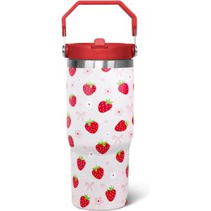 30oz Strawberry Flip Tumbler With Handle Lid and Straw,Strawberry Floral Coffee Mug Cup Water Bottles,Strawberry Themed Gifts for WomenStrawberry Decor Stuff Accessories