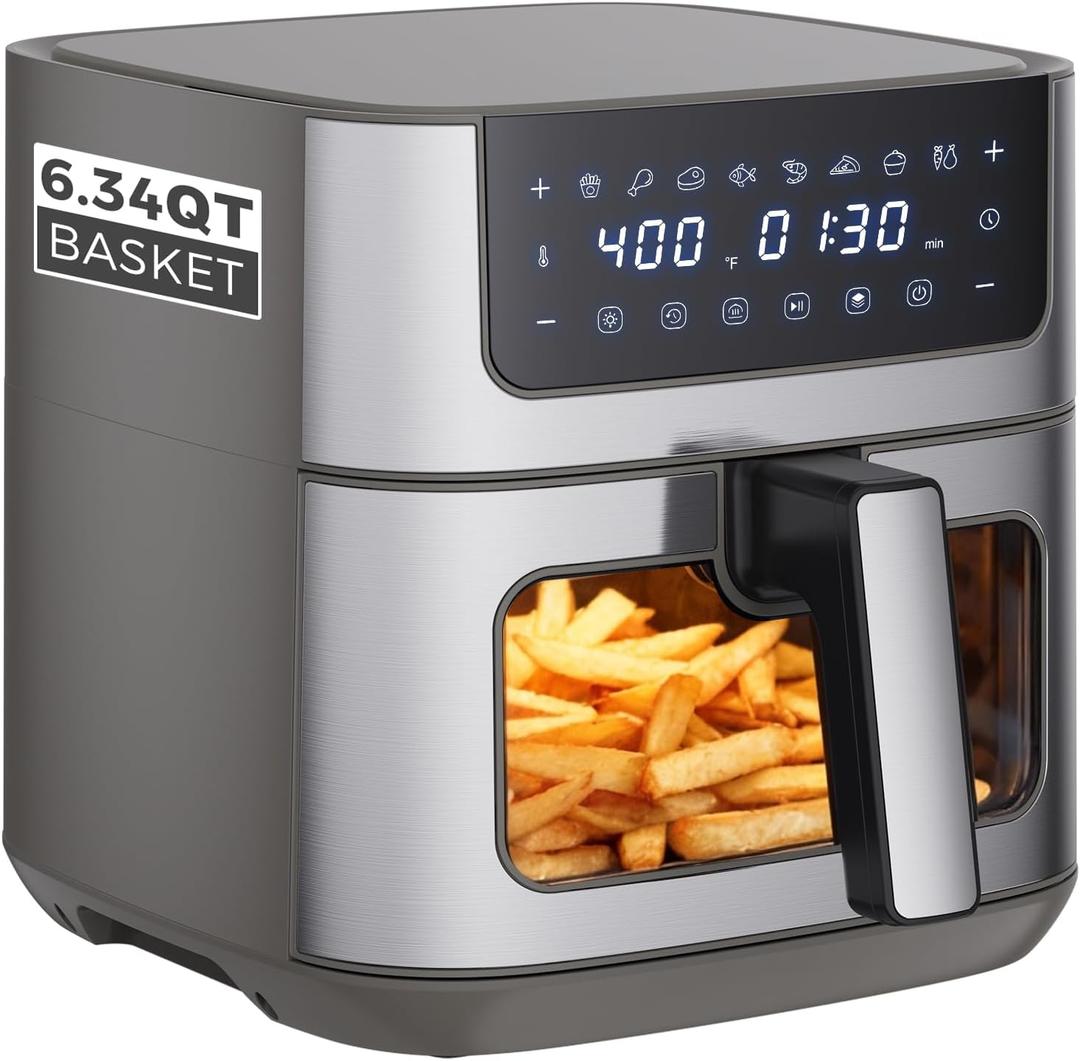 OLIXIS 6.34QT Air Fryer with Window, 8 Food Presets with 400F Max Heat, 90-Min Timer, Nonstick Dishwasher-Safe Basket for Air Fry, Roast, Reheat, Bake, Stainless Steel, Grey