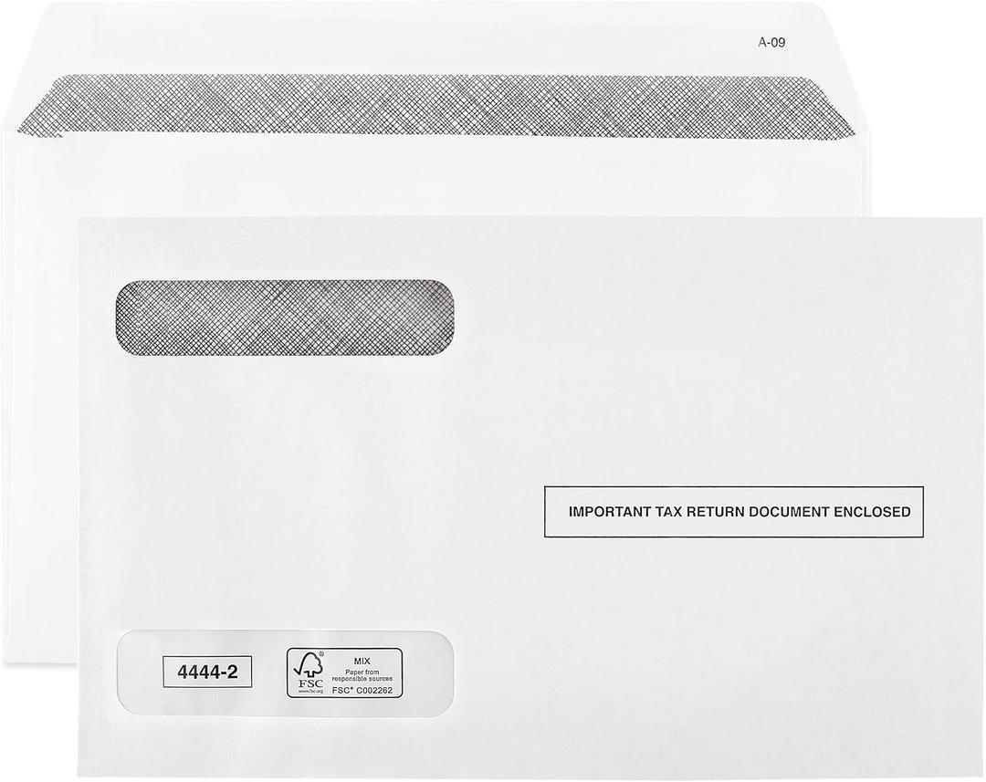 Tax Envelopes Designed for W2 Forms 4 Up Horizontal Format, Double-Window Self-Seal Security Envelopes, 25 Pack, One Size
