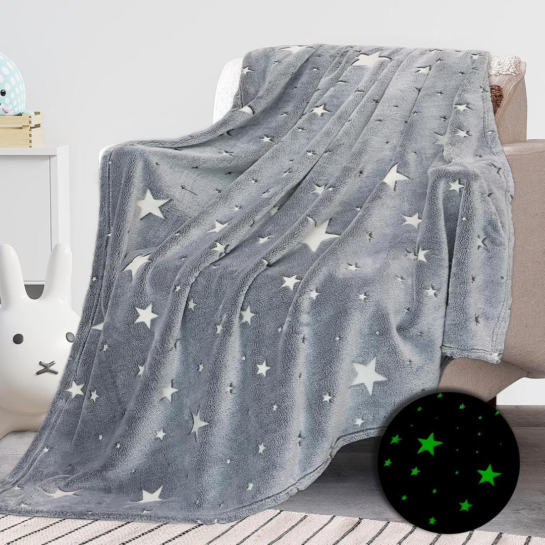 REXEO Glow in The Dark Star Space Blanket for Kids, Grey Cute Galaxy Throw for Boys Girls, Soft Flannel Toddler Blanket, Bedroom Room Decor, Birthday Gifts, 50" x 60"
