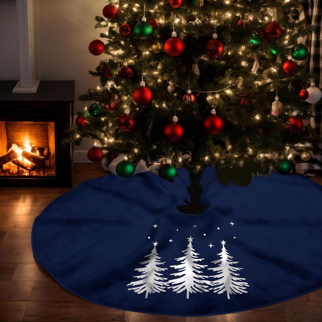 Christmas Tree Skirt 24 inch for 3-4 Ft Tree Luxurious Velvet Xmas Tree Skirt Christmas Silver Christmas Trees Pattern Village Decorations Home Hoilday Decor(Blue, 24")