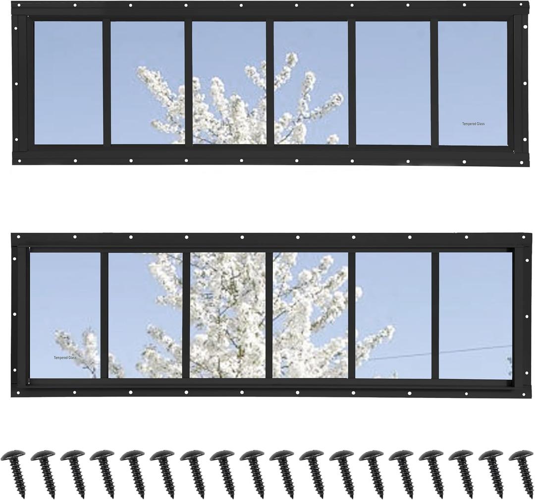 Shed Windows 2 Pack, Transom Windows 10" x 35" with Tempered Glass, Garage Doors Window for Shed, Chicken Coop, Playhouse, Household (Black)