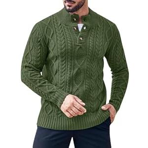 Gafeng Mens Mock Neck Pullover Sweater Casual Slim Fit Cable Knit Button Up Thermal Lightweight Winter Sweaters Knitwear Army Green, Medium
