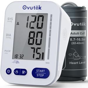 Ovutek Blood Pressure Monitors for Home Use, Automatic Digital Blood Pressure Cuff with Large Cuff for Upper Arm, 2 Users x 120 Sets Memory, Manual Arm Blood Pressure Machine with Power Adapte (White)