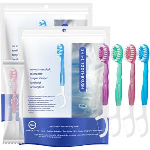 5 in 1 Mini Brushes-Disposable Toothbrushes with Toothpaste + Floss + Pick + Tongue Scraper | Travel Size | Individually Wrapped | Soft | Mint | Travel Set (Mix, 52pcs(2Pack))
