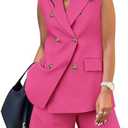 BTFBM 2 Piece Outfits For Women Summer 2025 Sleeveless Button Down Business Casual Vest Shorts Sets Work Clothes Pockets, XL