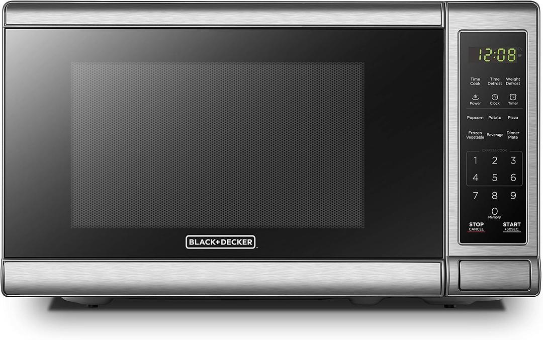 BLACK+DECKER EM720CB7 Digital Microwave Oven with Turntable Push-Button Door, Child Safety Lock, 700W, Stainless Steel, 0.7 Cu.ft