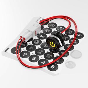 1Pcs 185 Symbols 22mm Black Plated Momentary Pushbutton Switch 1NO 12V Easy to Install, IP67 Waterproof Switch for Automotive Switches, Marine Switches On/Off, PC Power Button (Yellow LED Light)