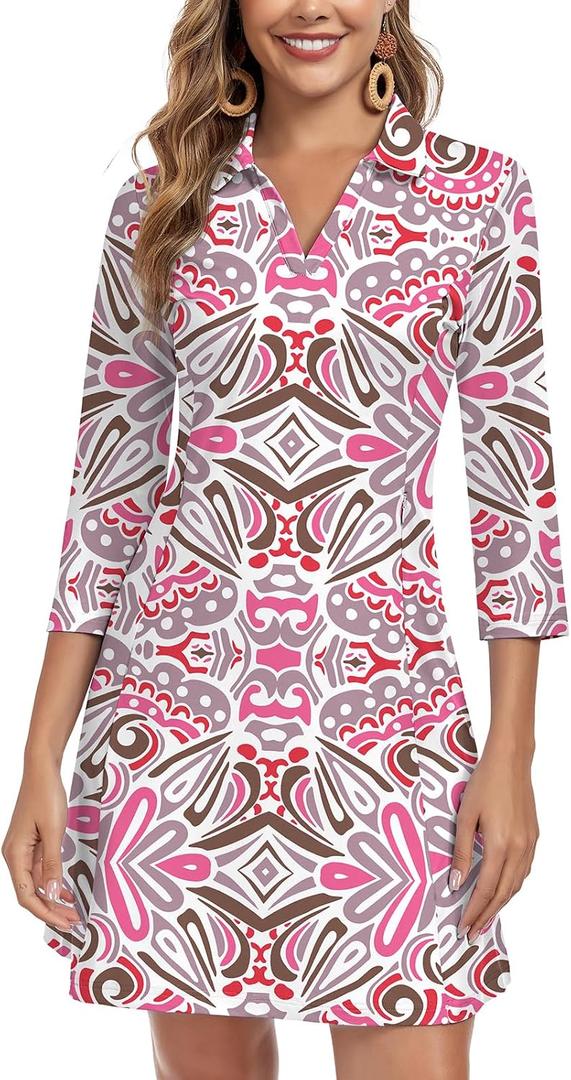 WOWENY 3/4 Sleeve Dress for Women with Pockets V Neck UPF 50+ Casual Sun Dress Breathable Quick Dry Beach Vacation (Pink Pattern, L)