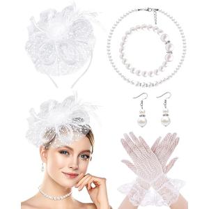 1920s Vintage Fascinators Hat Set for Women Tea Party Hats Veil Mesh Feather Headband Lace Gloves Set 