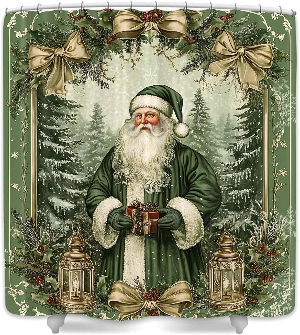 JAWO Vintage Christmas Shower Curtain, Cute Retro Victorian Santa Claus Merry Christmas Shower Curtain Set for Bathroom, Green Christmas Tree Fabric Bathroom Accessories Set with Hooks (69"W x 84"L (Pack of 1))