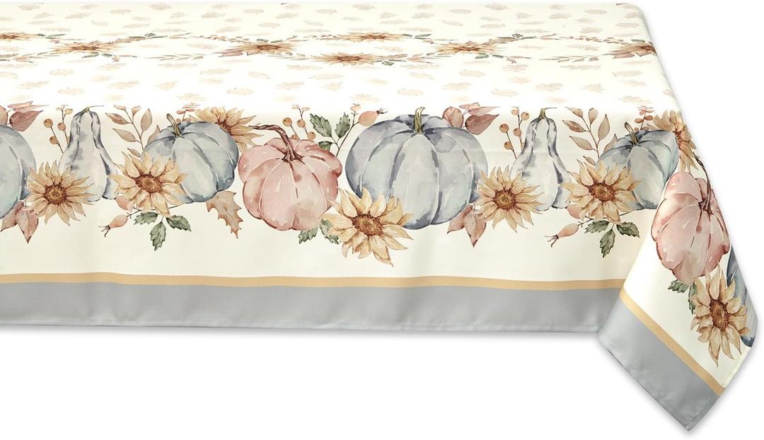 YiHomer Blue Pumpkin Bordered Thanksgiving Tabletop, Stonewashed Fall Pumpkin and Sunflower Cottage Print Easy Care Fabric, Farmhouse Harvest, Tablecloth, 52 x 70 Rectangle