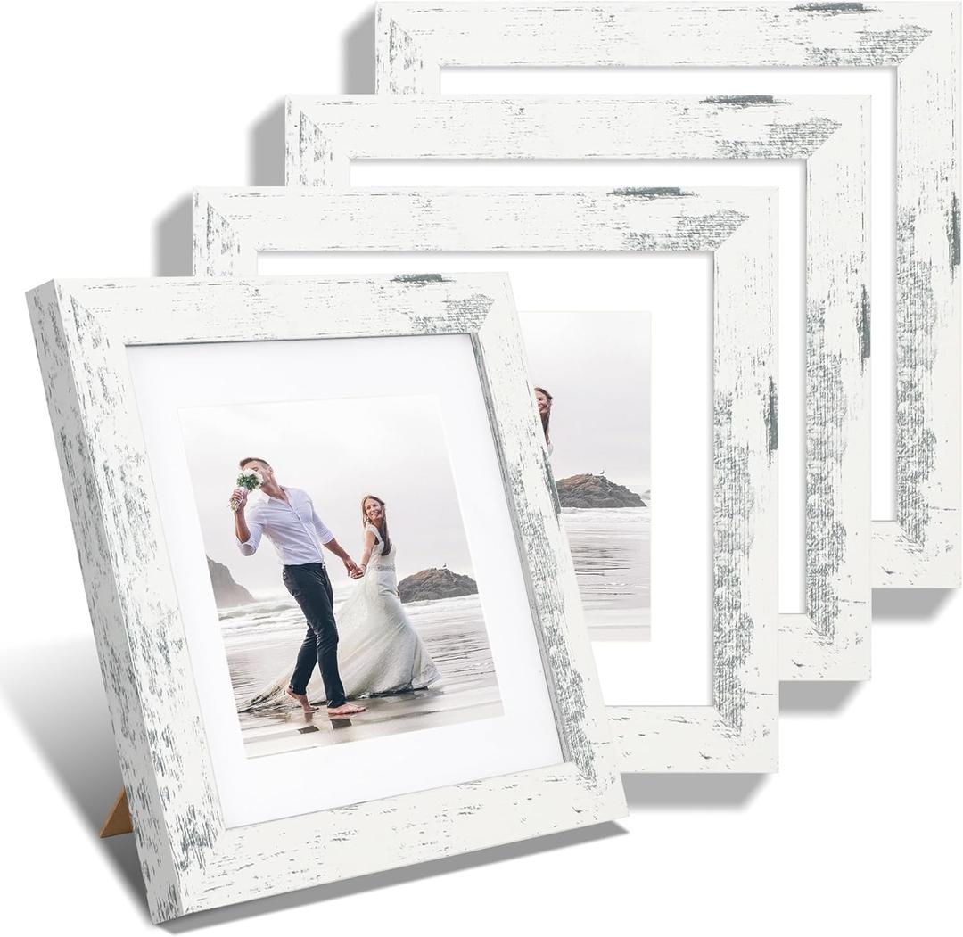 iRahmen 8x8 Picture Frames Set of 4 with Real Glass, Distressed White Frame Display 6x6 Pictures with Mat or 8 x 8 Without Mat, Wood Square Photo Frame for Wall Mount and Tabletop Display
