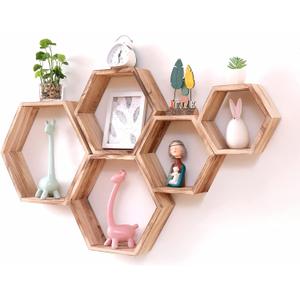 WONFUlity Hexagon Floating Shelves Honeycomb Shelves Wall Mounted Wood Farmhouse Storage Wall Shelf for Bathroom, Kitchen, Bedroom, Living Room,Driftwood Finish Decor,Light Brwon