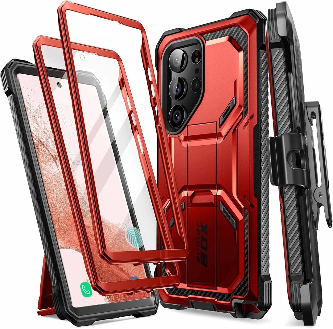 i-Blason Armorbox Designed for Samsung Galaxy S23 Ultra Case with Kickstand & Belt Clip, [2 Front Frames] Full-Body Rugged Bumper Case with Built-in Screen Protector [Support Fingerprint ID] (Ruddy)