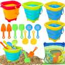 TOY Life Collapsible Beach Toys for Kids with 4 Silicone Collapsible Sand Buckets & 8 Shovels & Mesh Bag, Travel Beach Essentials for Kids Sand Toys Toddlers, Sandbox Toys for Boys Girls Ages 3-5 4-8