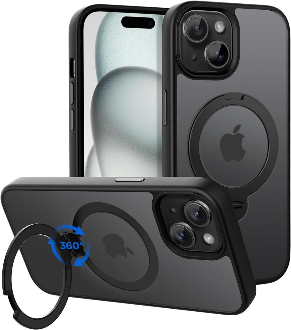 CACOE Magnetic Case for iPhone 15 6.1 inch with 360 Rotatable Ring Stand, Compatible with MagSafe Car Phone Mount, Cases Cover Phone Holder for Desk Meeting/Videos Matte Black
