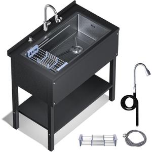 Pro 36 Stainless Steel Utility Sinks, Freestanding Rectangular Laundry Room Sinks, Upgrades Hoses and Drain Kit, Black Commercial Sink for Garage, Outdoor (Black Freestanding Utility Sink) (36 x 21 x 37)