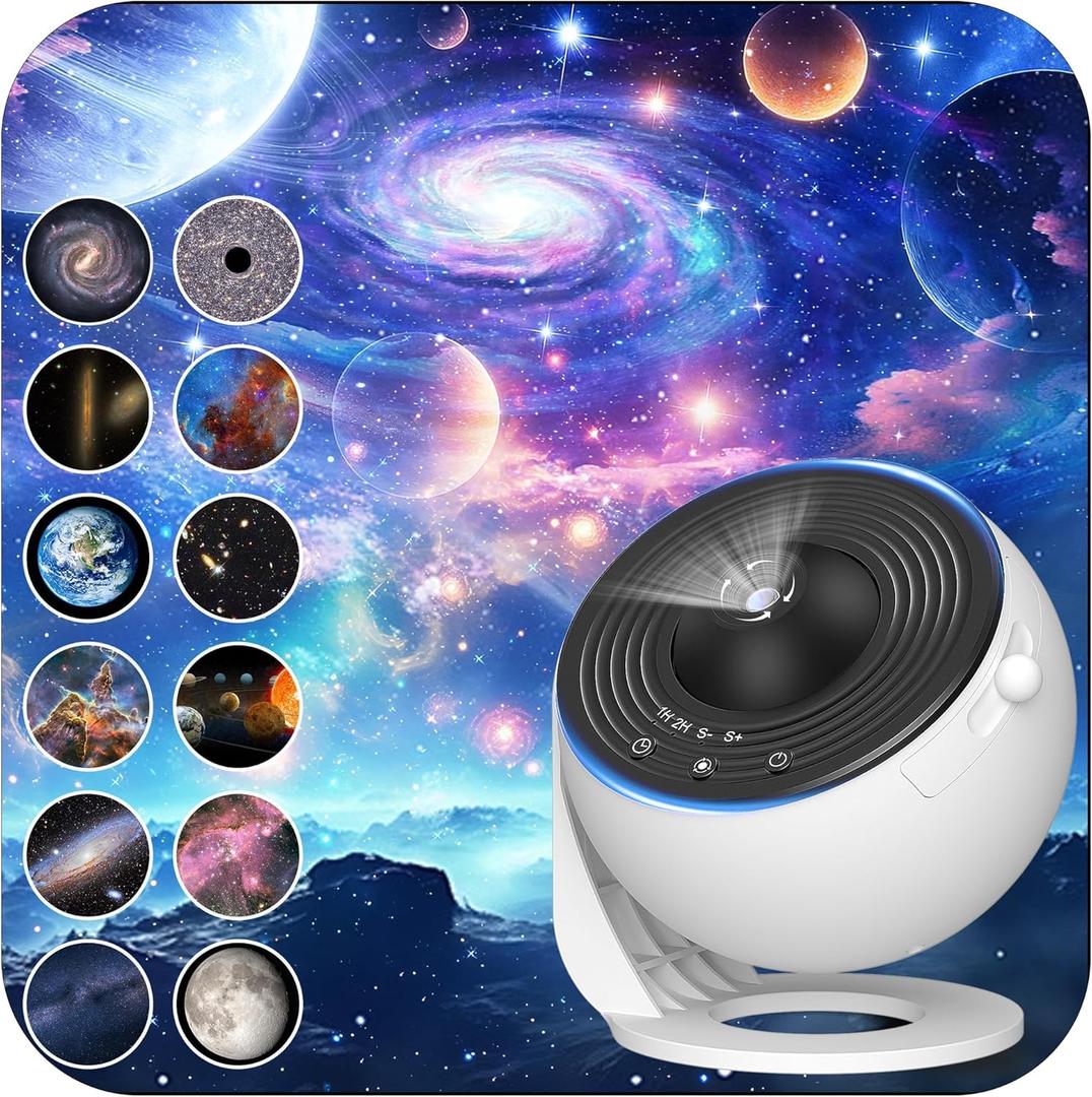 Galaxy Projector for Bedroom, HD Image Star Projector Galaxy Light Adjustable Knob, 13 Film Discs Planetarium Projector for Kids, 360 Rotating 1/2h Timer Simple 3-Button Control Black&White