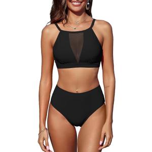 ZAFUL Women's Sheer Mesh Bikini Set High Waisted Tummy Control 2 Piece Tankini Swimsuit Bathing Suit (Large)