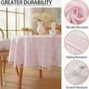 Gingham Round Tablecloth, Tassels Checkered Table Cloth Washable Cotton Linen Plaid Table Cover for Spring Summer Kitchen Dining Party,Pink and White,55x55
