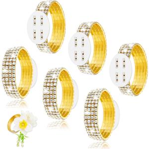 Junkin 6 Pcs Corsage Wristlet Bands Rhinestone Bracelet Wristlets Stretch Elastic DIY Wrist Rhinestone Bracelet for Wedding Decor Prom Anniversary (Gold)